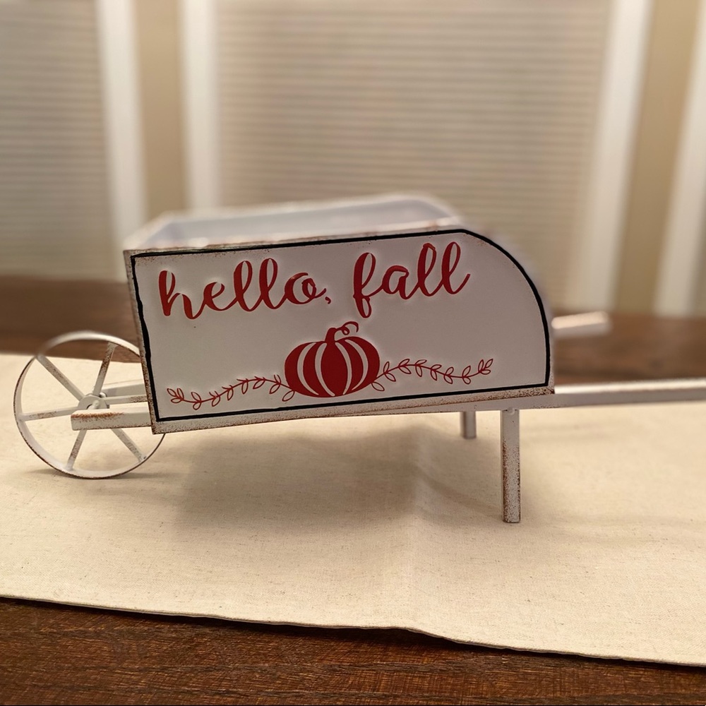 Fall Decor, Hello Fall Wheelbarrow Decor, Fall Metal Wheelbarrow Centerpiece